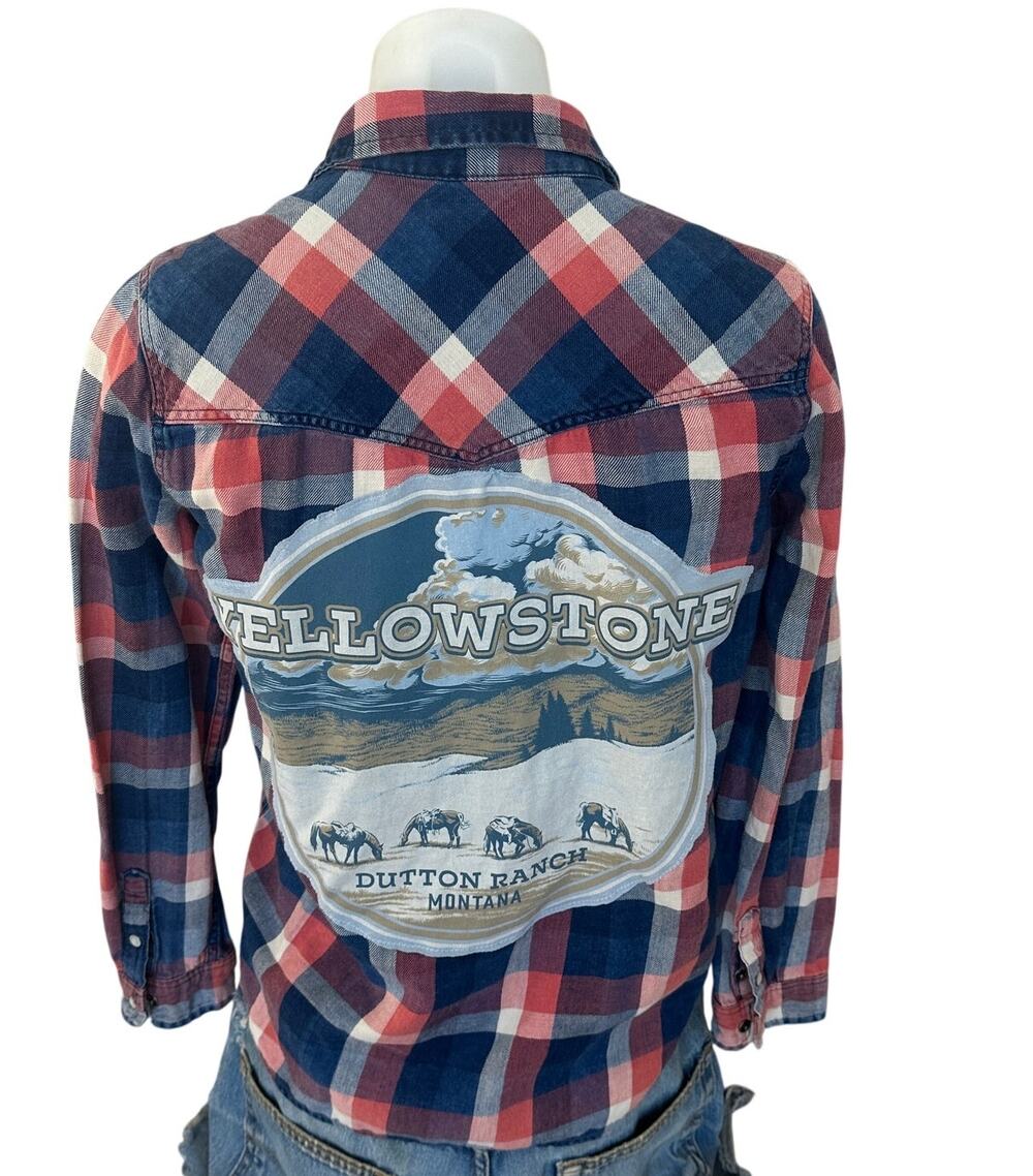 Yellowstone Dutton Ranch Plaid Western Shirt SMALL Upcycle Unique Pearl Snap